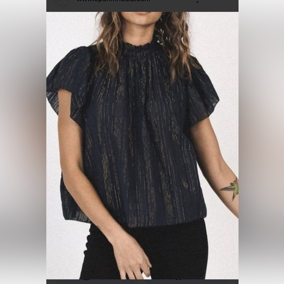 Trovata Birds of Paradis Carla High Neck Top Navy Moonlit stripe Cotton  Small - Picture 2 of 8